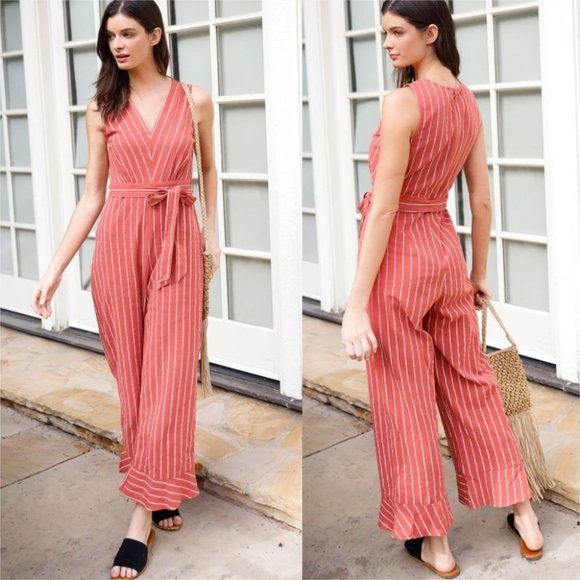 MODA ME COUTURE Pants - Rust Striped V-Neck Self-Tie Belt Flare Hem Wide Leg Jumpsuit